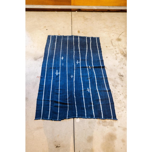Ink Blue Boho Chic Hand Dyed Blue Throw With White Stripes For Sale - Image 8 of 8