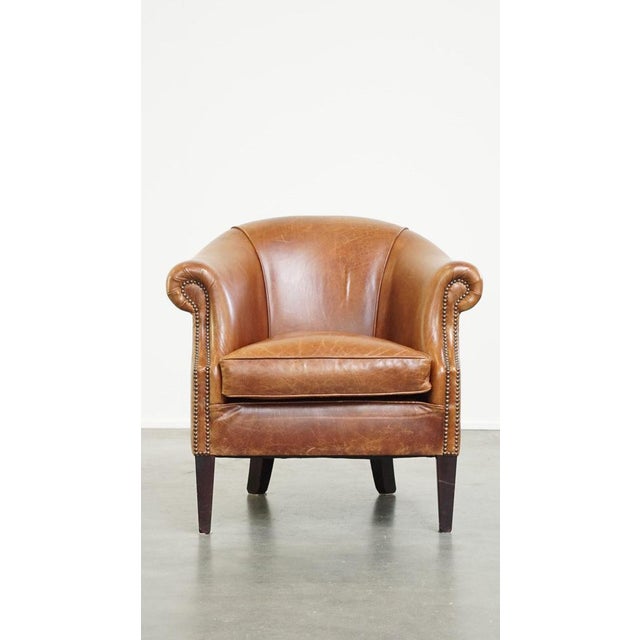 This very comfortable, elegant cowhide club chair with a loose seat cushion, timeless design and a warm color. This...