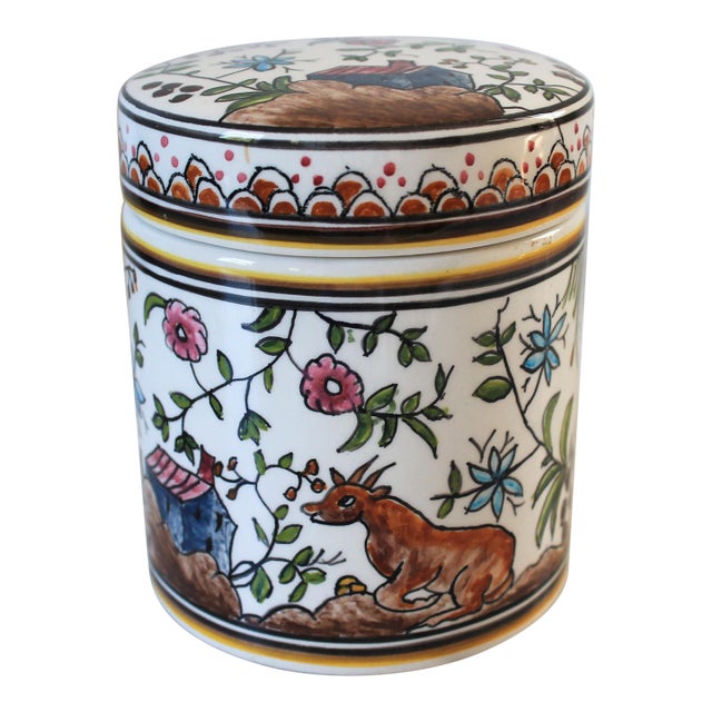 Vintage Hand-Painted Portuguese Ceramic Canister or Trinket Pot For Sale