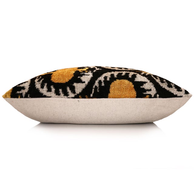 Luxury Black and Gold Silk Velvet Ikat Lumbar Pillow 16x24 Inch With Down Insert For Sale In San Francisco - Image 6 of 8