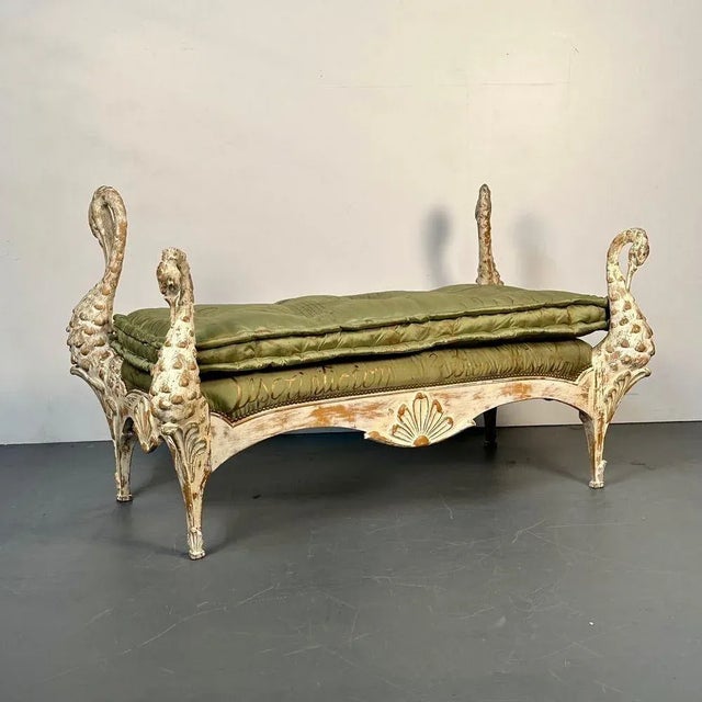 Hollywood Regency Hollywood Regency Swan Bench / Daybed by Maison Jansen, Hand Carved, Distressed For Sale - Image 3 of 13