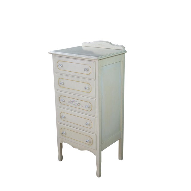 Mid Century French Provincial Lingerie Chest. Features a white painted frame with five dovetailed drawers. Each drawer...