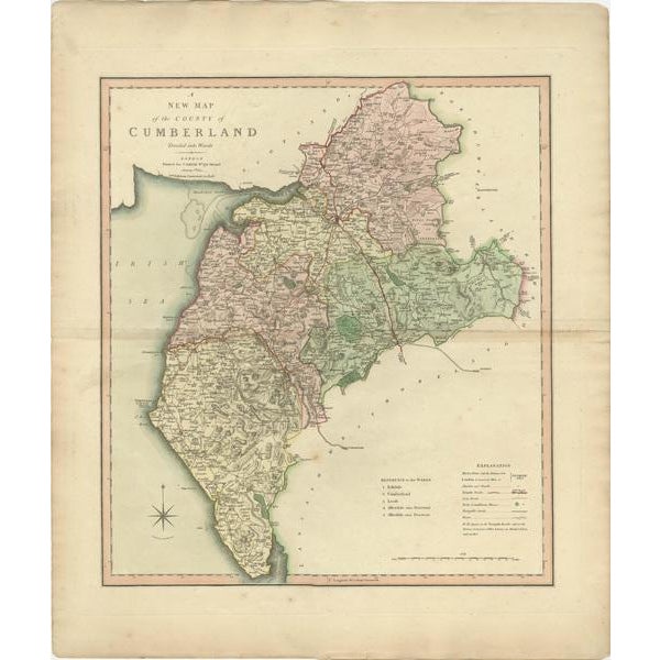 Antique county map of Cumberland first published c.1800. Villages, towns, and cities illustrated include Carlisle,...
