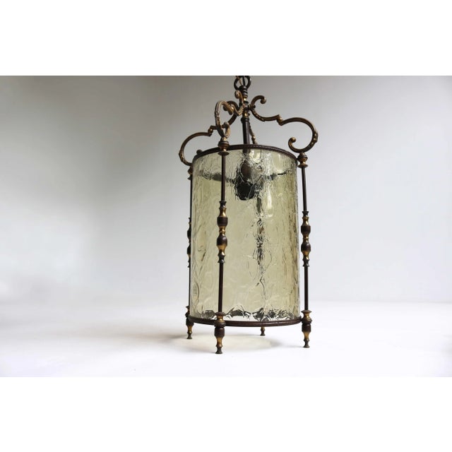 Metal Vintage Brass and Textured Glass Pendant Lantern, France, 1950s For Sale - Image 7 of 13