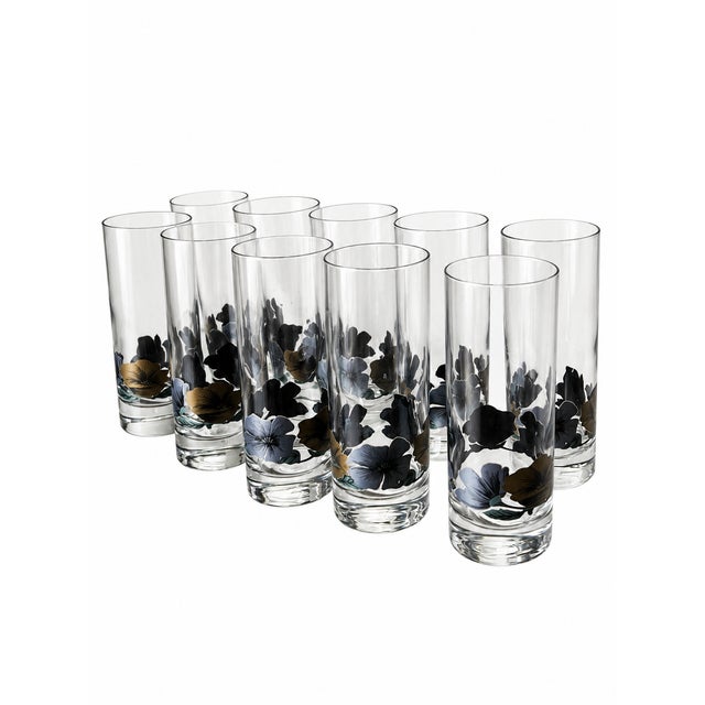 Vintage Black, Silver-Blue and Gold-Tone Floral Highball Glasses — Set of 10 For Sale - Image 4 of 8