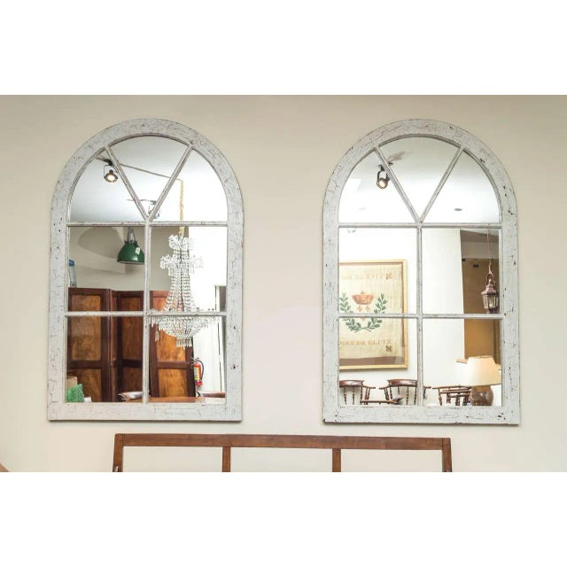 Pair of white painted Industrial windows, English, circa 1880, mounted as mirrors. height: 6 ft. (183 cm) width: 48 in....