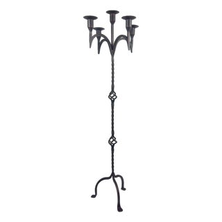 Hand Forged Wrought Iron Floor Candelabra 50″ (127cm) Antique Copper Patina 5-Arm Candle Holder Gothic Medieval Church Decor For Sale