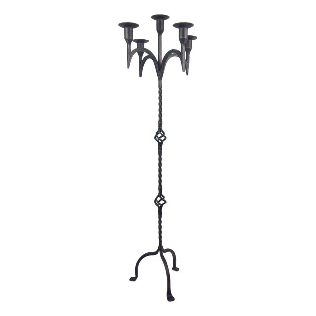Hand Forged Wrought Iron Floor Candelabra 50″ (127cm) Antique Copper Patina 5-Arm Candle Holder Gothic Medieval Church Decor For Sale
