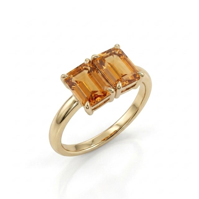 Contemporary Two-Stone Citrine Ring • Emerald Cut Yellow Gemstone Ring in Gold • Unique Double Gemstone Cocktail Ring Us 7 For Sale - Image 3 of 5