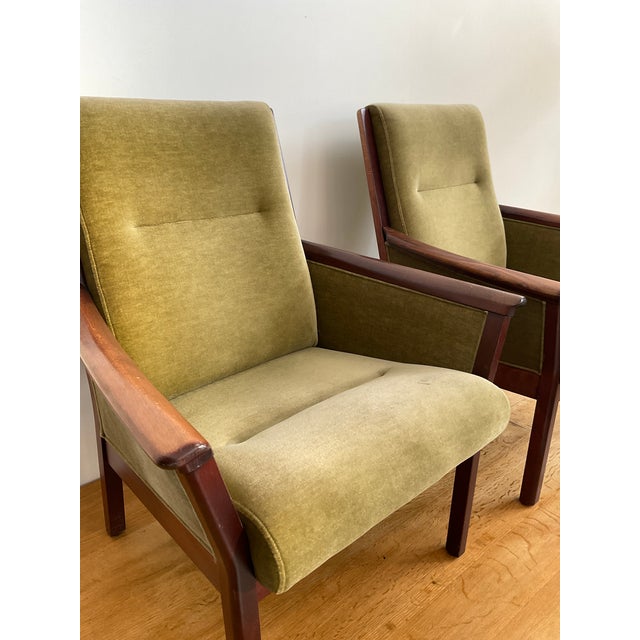 Mid 20th Century Mid 20th Century Pair of High Back Danish Modern Oak & Moss Green Mohair Lounge Chairs Attributed to Durup For Sale - Image 5 of 18