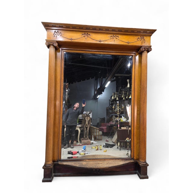 Antique Victorian Style Quarter-Sawn Oak Carved Beveled Pier Mirror For Sale - Image 9 of 9