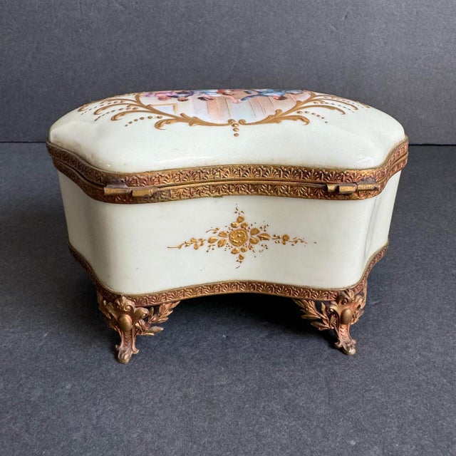 Ceramic French Porcelain Casket Trinket Box Hand Painted Courting Couple Dancing Scene For Sale - Image 7 of 12