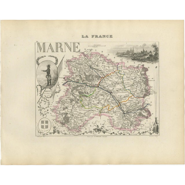 Antique Engraved Map of Marne by Levasseur, 1850s For Sale