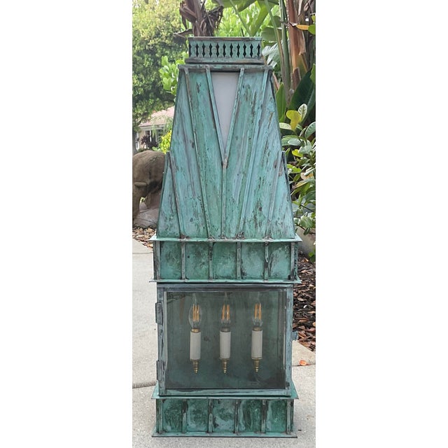 Single Monumental Art Deco Style Verdigris Copper & Brass Wall Lantern For Sale - Image 11 of 14