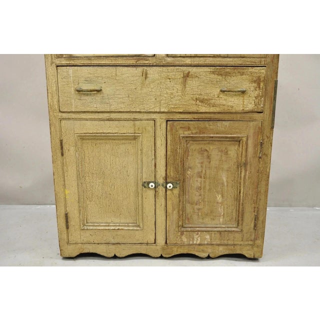 Beige Antique French Country Farmhouse Beige Distressed Paint Kitchen Cupboard Cabinet For Sale - Image 8 of 13
