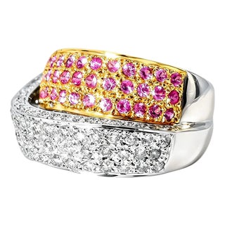 Late 20th Century Size 6.5 18K White Gold Pink Sapphire Pave Diamond Swirl Band Ring For Sale