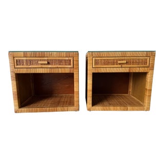 Vintage Coastal Palm Beach Rattan & Woven Cane Nightstands With Glass Tops — A Pair For Sale