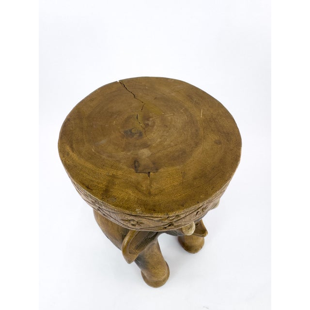 Mid 20th Century Vintage Hand-Carved Solid Hardwood Elephant Stool / Sculptural Folk Art Side Table For Sale - Image 5 of 16