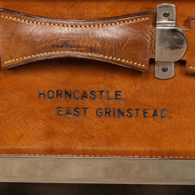 Metal English Leather Trunk on Metal Stand, 1910s For Sale - Image 7 of 18