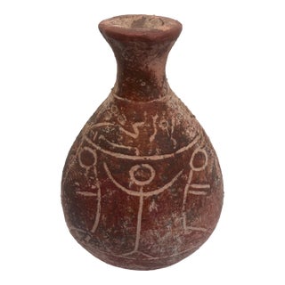 10" Vintage Primitive Figural Terracotta Vase - Rustic Sgraffito Earthenware Jug For Sale