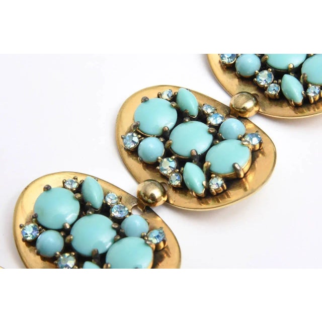 Vintage Elsa Schiaparelli Faux Turquoise, Gold Metal and Rhinestone Cluster Bracelet, 1950's For Sale - Image 10 of 10