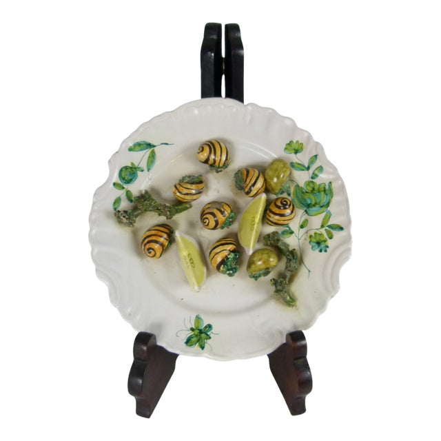 Mid-Century Italian Trompe L’Oeil Plate Hand Painted Plate 3d Striped Snails and Lemon Wedges by Peasant Village For Sale