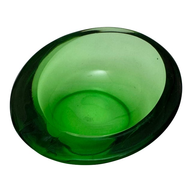Vintage Viking Glass or Murano Like Ashtray Round Dark Emerald Green Mid Century For Sale