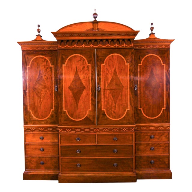 Antique Victorian Sheraton Revival Inlaid Breakfront Wardrobe, 19th Century For Sale