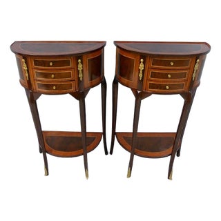 French Louis XVI Demi-Lune Side Table With 3 Drawers, Lower Shelf & Hand-Gilded Gold Leaf Details For Sale