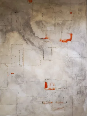 "Diversion" Abstract White, Grey, and Orange Mixed-Media Painting on Canvas by Louis Shields, 2018