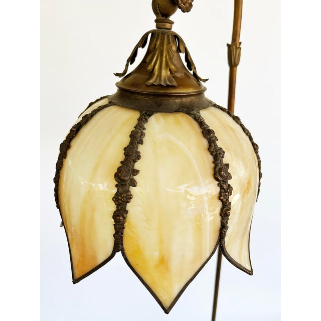 Mid 20th Century Art Nouveau Style Bridge Stained Glass Tulip Shade Floor Lamp For Sale - Image 5 of 13