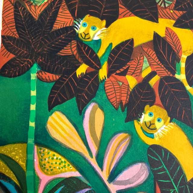 Folk Art 1970’s Folk Art Jungle Scene Original Lithograph For Sale - Image 3 of 6