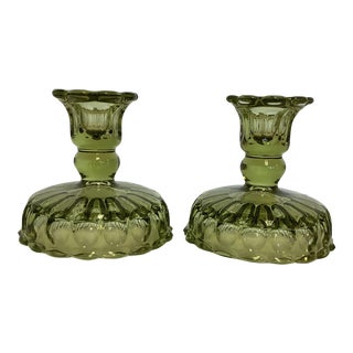 1940s Depression Era Pressed Indiana Glass Company Olive Candle Holders- a Pair For Sale