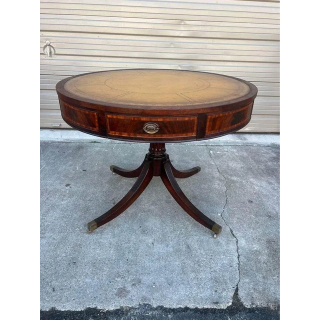 Wood Antique Federal Style Flame Mahogany Leather Top Drum Table. For Sale - Image 7 of 11