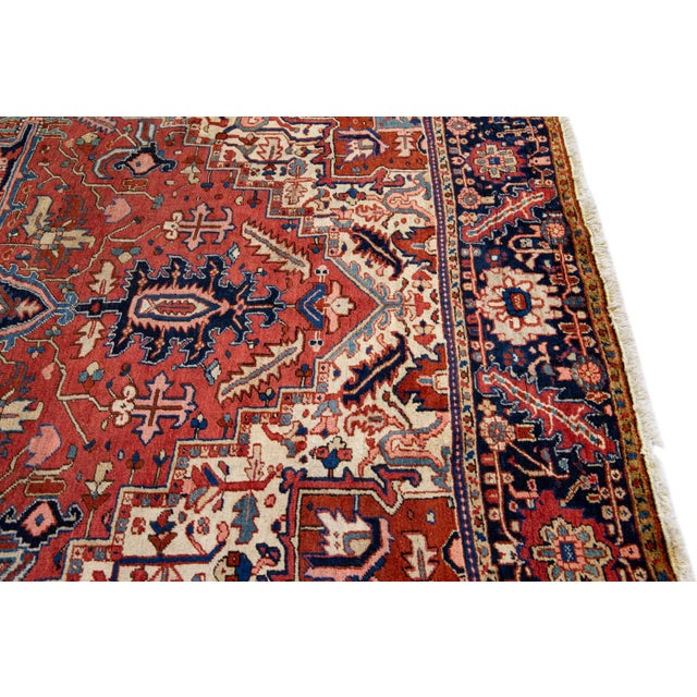 Antique Persian Heriz Handmade Red Wool Rug With Medallion Motif For Sale - Image 10 of 11