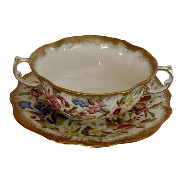 Vintage Hammersley "Queen Anne" Bone China Flat Cream Soup Bowl & Saucer England 1940s-1950s For Sale