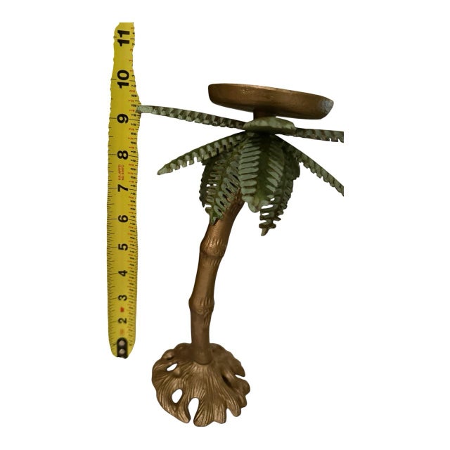 Late 20th Century Tropical Palm Tree Pillar Candle Holders - Set of 3 - Cast Metal - Gold & Verdigris - Coastal Maximalist For Sale - Image 10 of 12