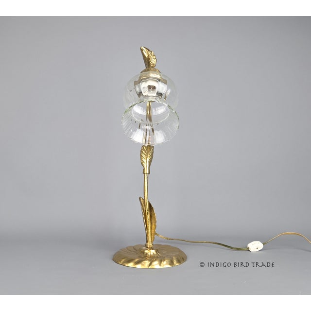 Metal Vintage Flower Shaped Gooseneck Brass and Glass Shade Table Lamp For Sale - Image 7 of 8