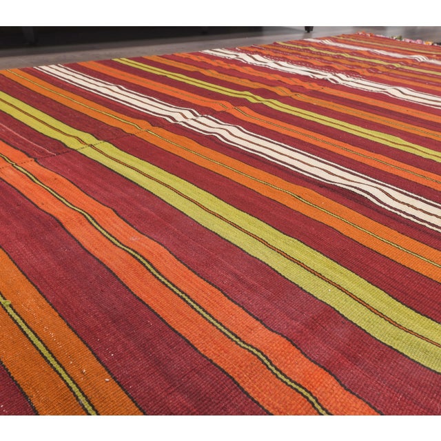 1970s Turkish Hand-Knotted Wool Kilim Flatweave Striped Rug For Sale - Image 4 of 7