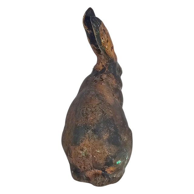 Metal Mid-Century Japanese Showa Cast Iron Patinated Seated Rabbit Sculpture For Sale - Image 7 of 11