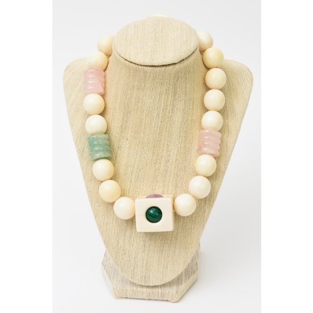 Cream Vintage Collar Necklace With Jade, Coral, Pink Quartz, Amethyst, Malachite and Hematite, 1960's For Sale - Image 8 of 10