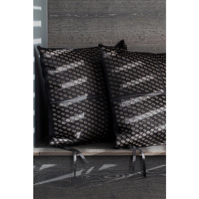 Patterned Cowhide Cushion in Pitch Black with Leather Zip Tassels by Casa Botelho For Sale - Image 4 of 10