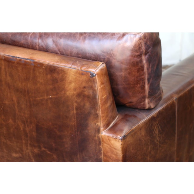 Restoration Hardware Brown Leather Three-Seat Sofa With Patina For Sale - Image 12 of 18