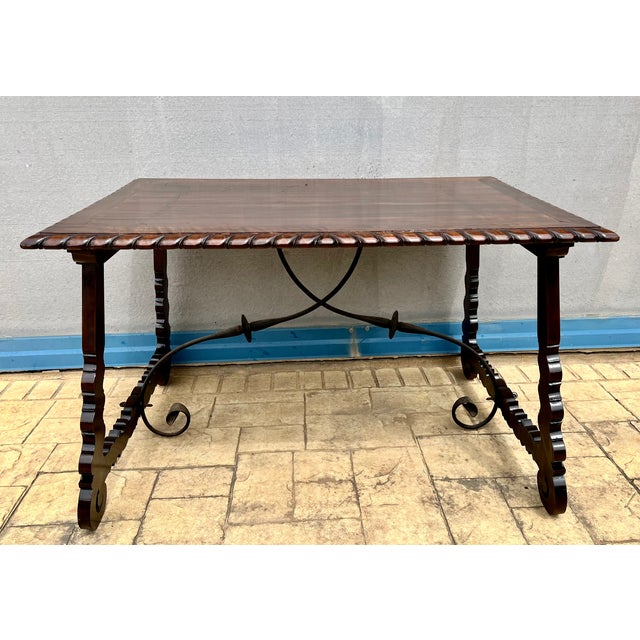Wood 18th Century Refectory Spanish Table With Lyre Legs and Iron Stretcher For Sale - Image 7 of 10