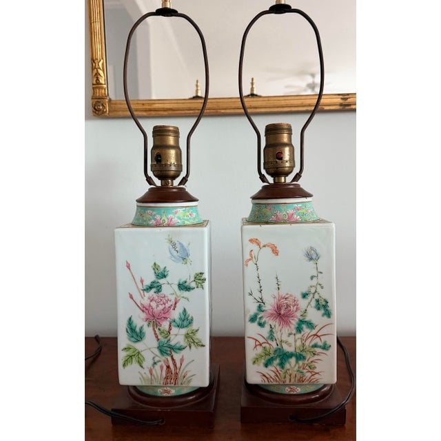 Pair of Colorful Chinoiserie Floral Lamps With Silk Shades For Sale - Image 4 of 10
