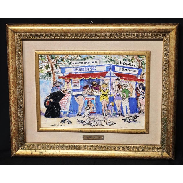 Mixed media painting on cardboard by Walter Piacesi, titled "L'Edicola," dated 2002. The work depicts a lively urban scene...