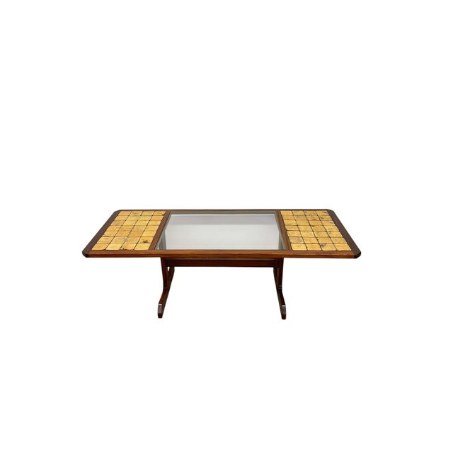 Wood Vintage Mid-Century Modern Tile-Top Coffee Table With Removable Glass Center Panel For Sale - Image 7 of 9