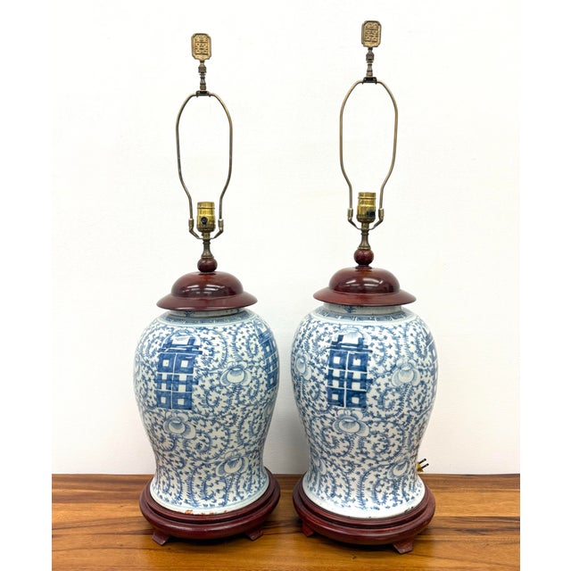 Transitional Mid 20th Century Blue & White Ginger Jar Lamps - a Pair For Sale - Image 3 of 6