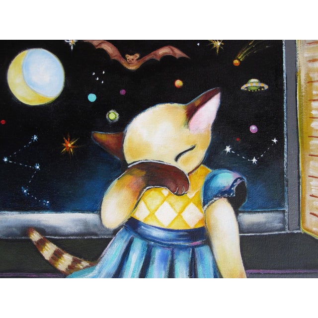 Bedtime Story by Zoa Ace | Oil on canvas Cat reading a book by a window with stars and a Ouija board. For Sale - Image 4 of 5