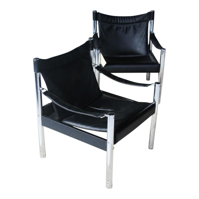 Mid Century Black Leather and Chrome Sling Chairs A Pair Chairish